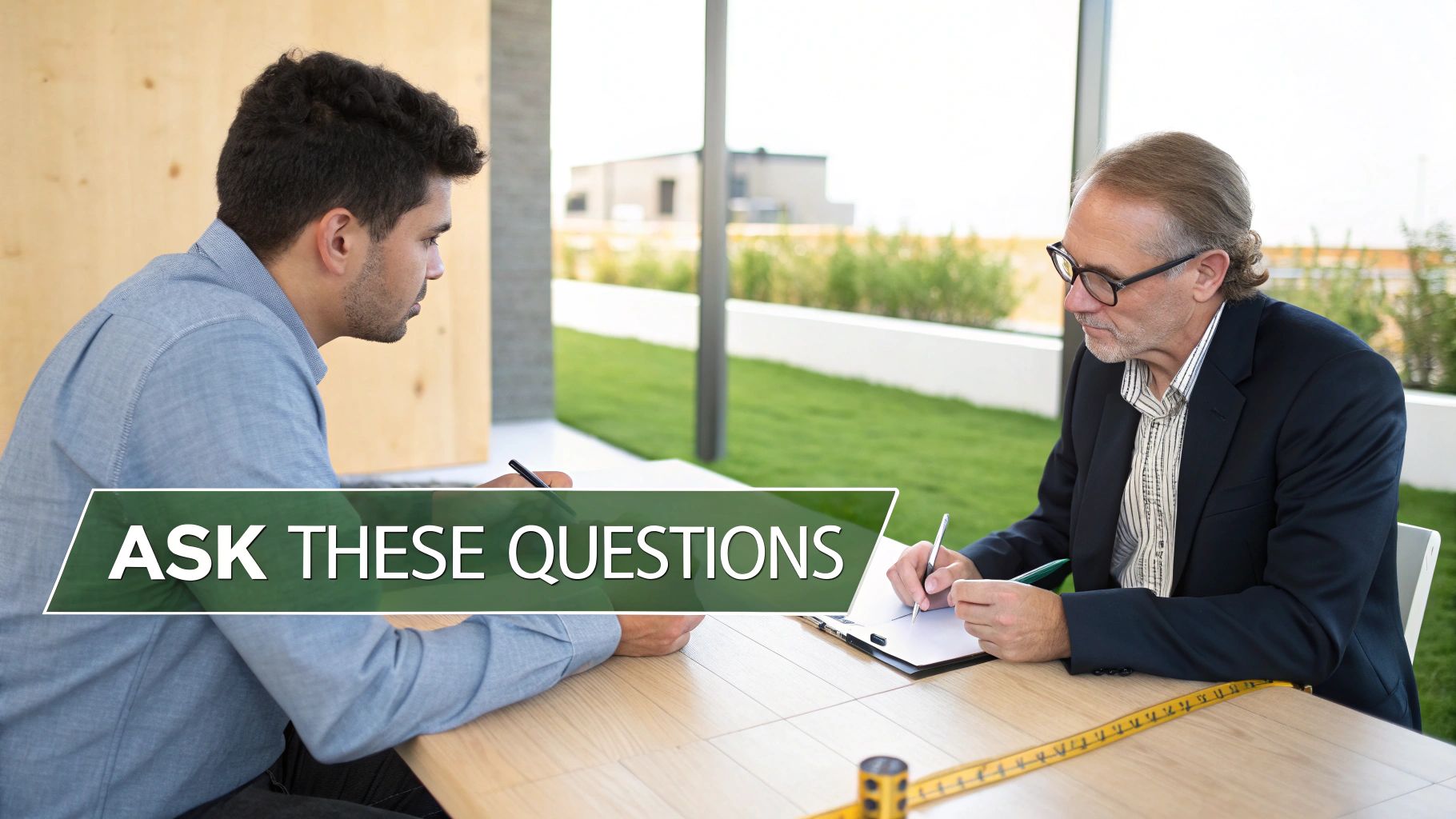 An architect and a client having a discussion in a professional office setting.