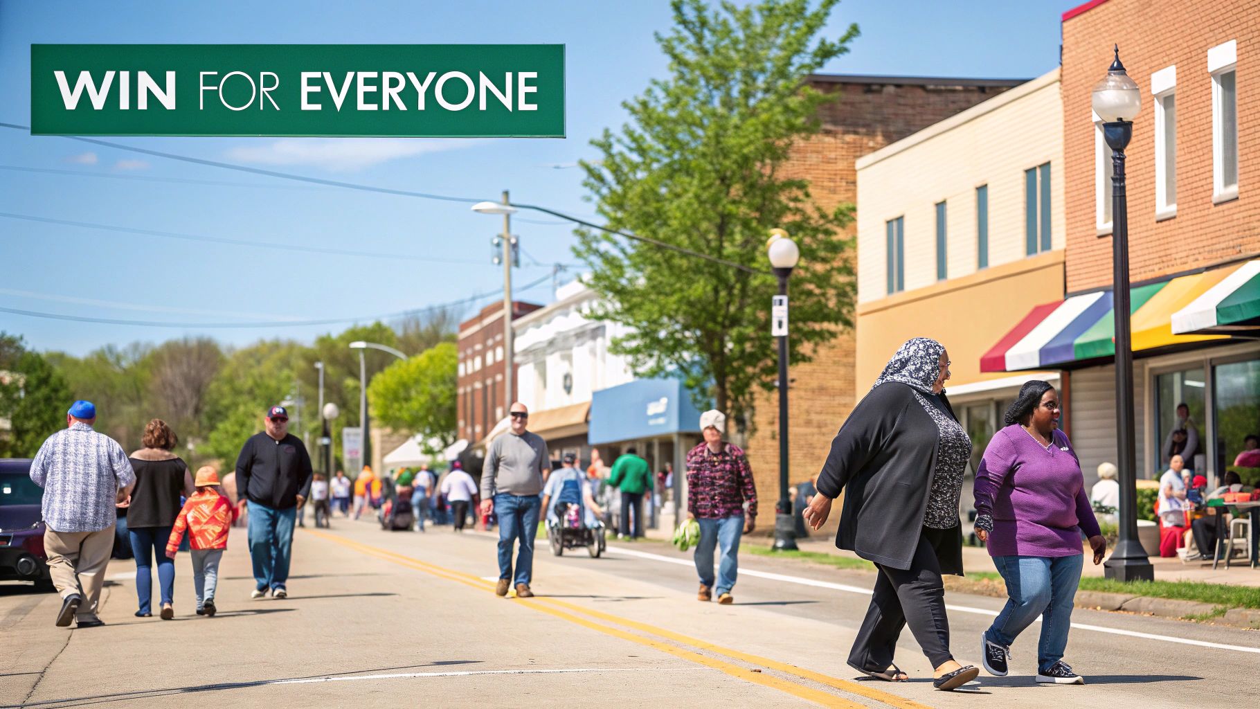 A revitalized urban street with new infill buildings, bustling with people and local businesses.