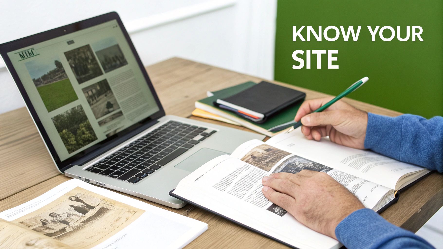 Person researching historic preservation grants on laptop while reviewing archival documents and taking notes