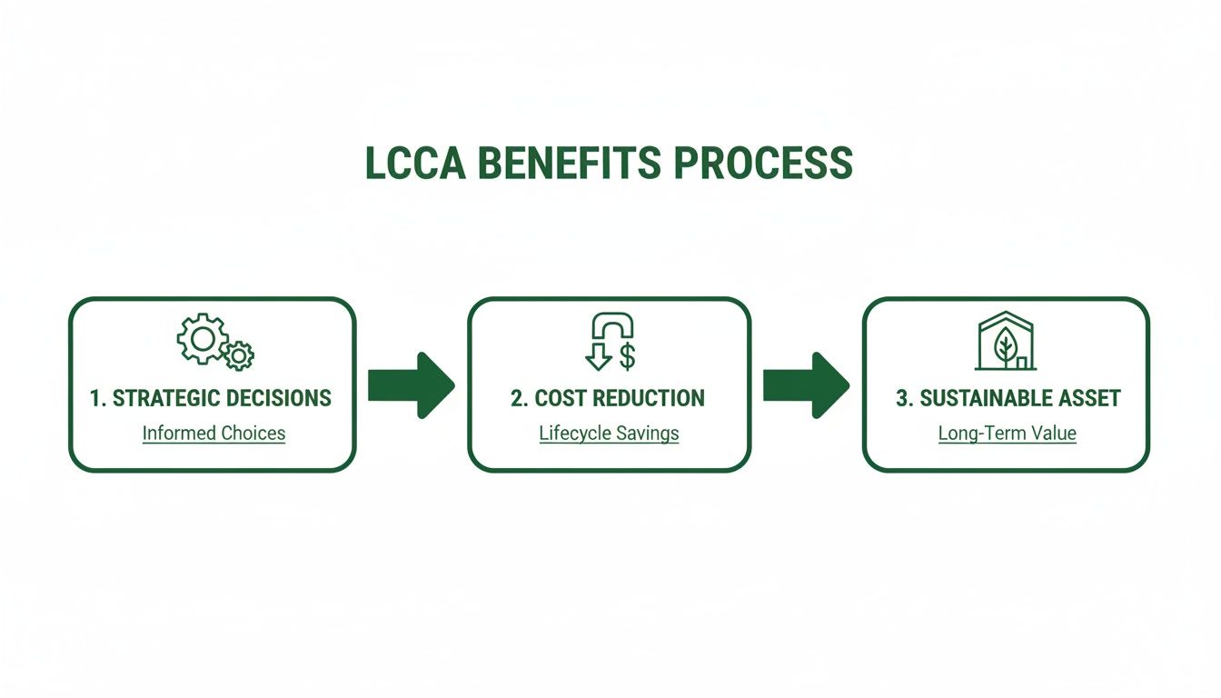 A diagram illustrates the LCCA benefits process: strategic decisions, cost reduction, and sustainable asset.