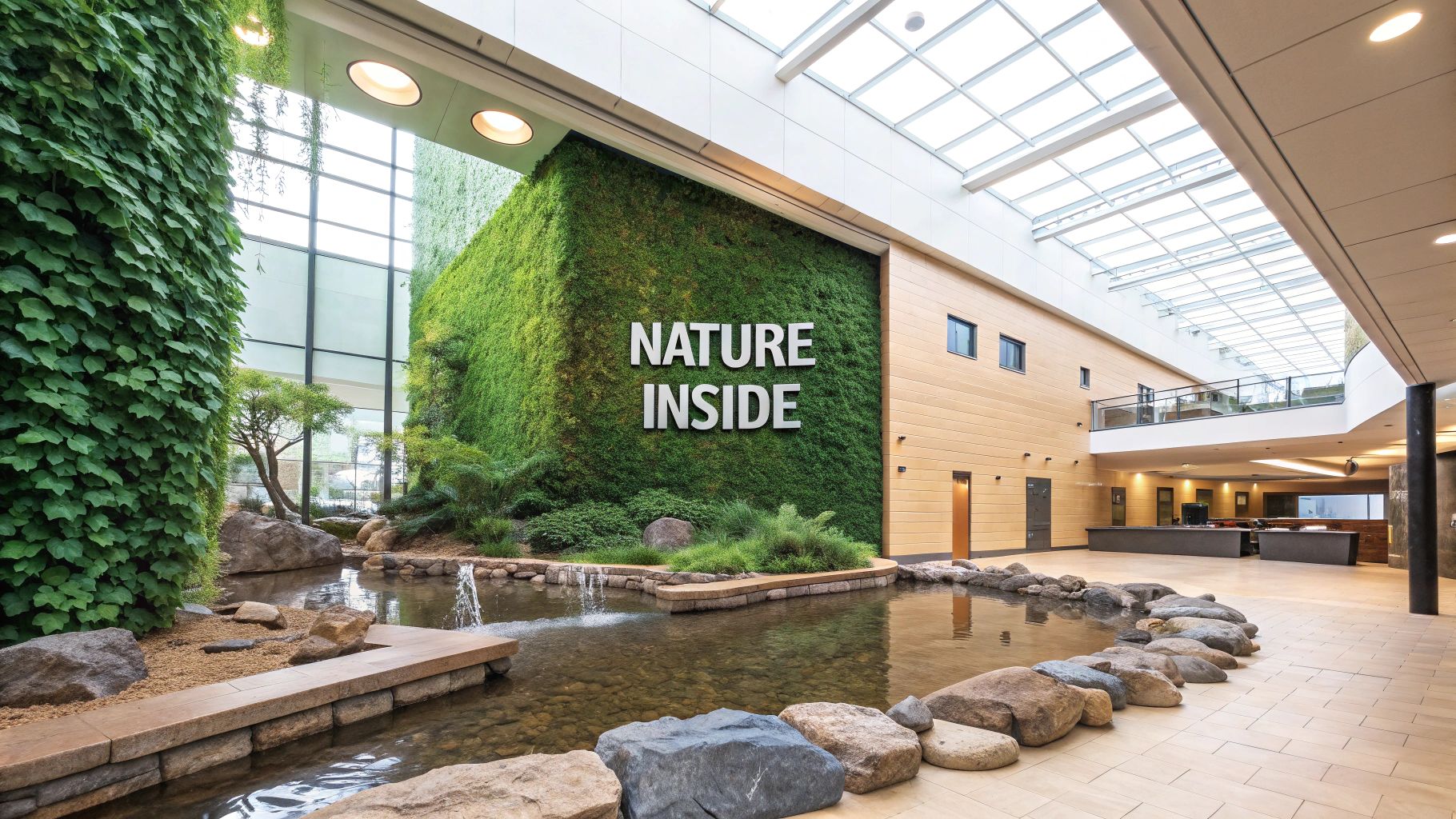 A modern indoor space features a towering green wall with 'NATURE INSIDE' text, a serene pond, and a skylight.
