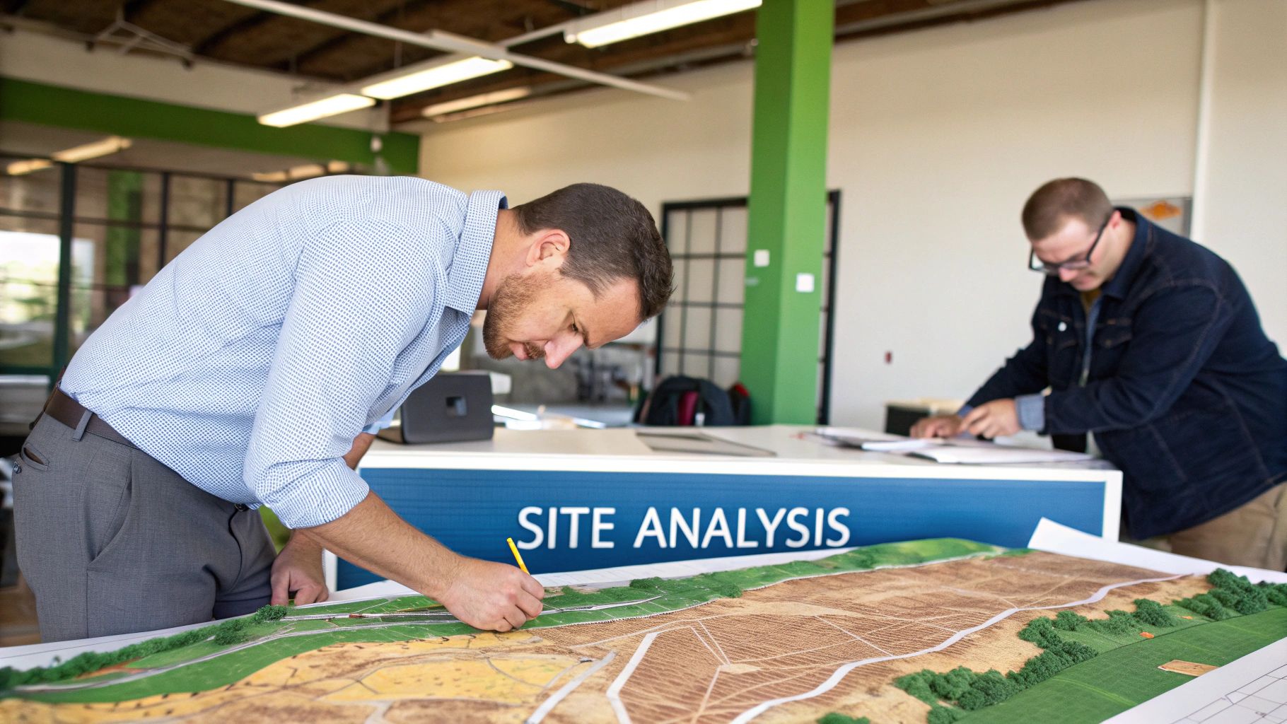 An architect reviewing site plans and a 3D model, illustrating the conceptual design phase.