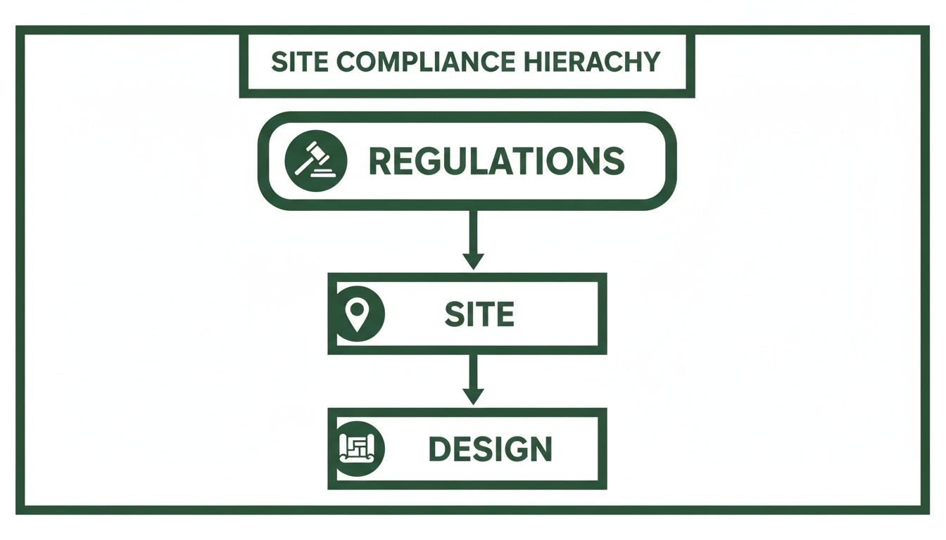 A flowchart illustrating the Site Compliance Hierarchy: Regulations flow down to Site, then to Design.