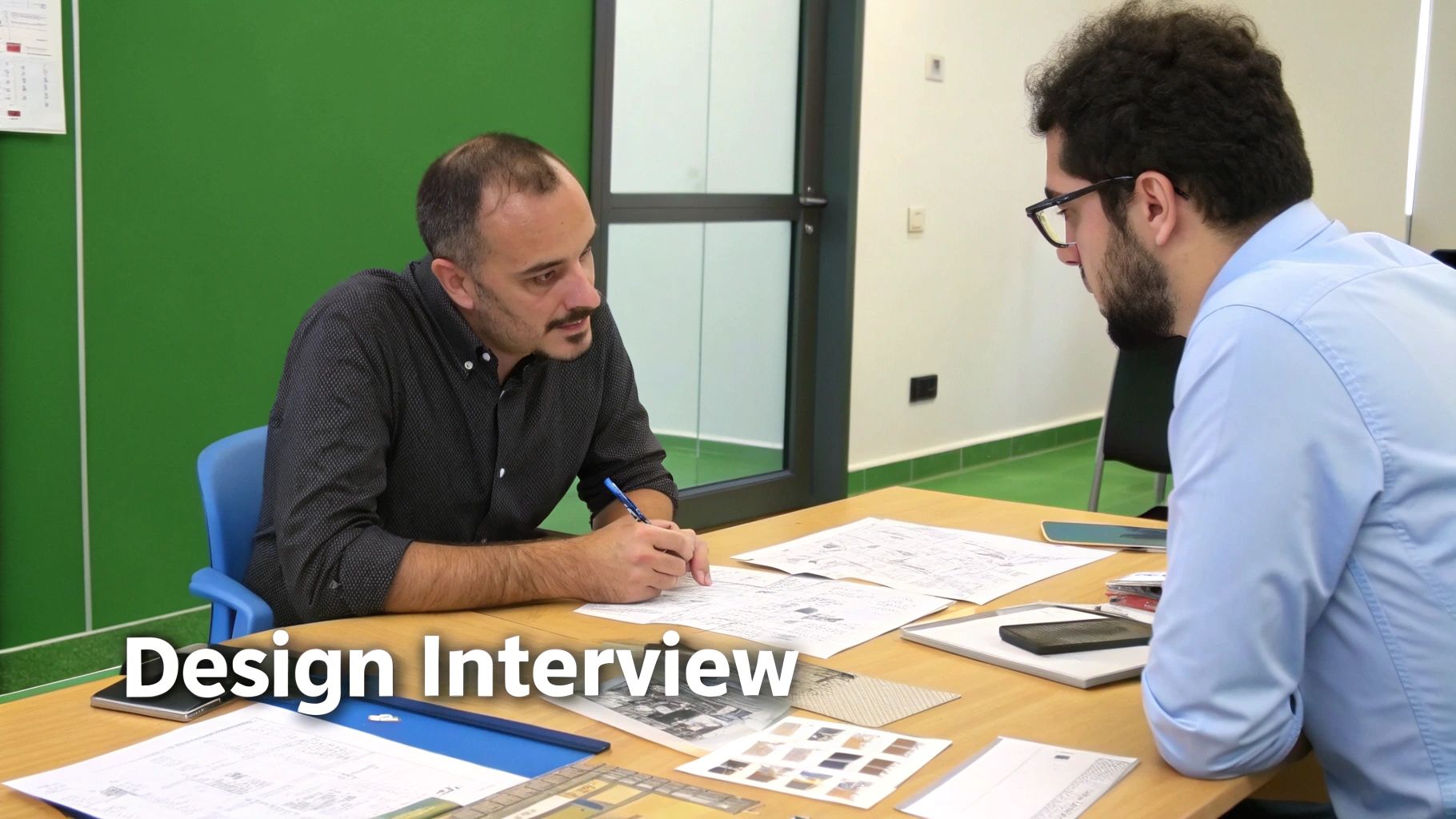 Two male designers collaborating on architectural plans and material samples in an office setting.