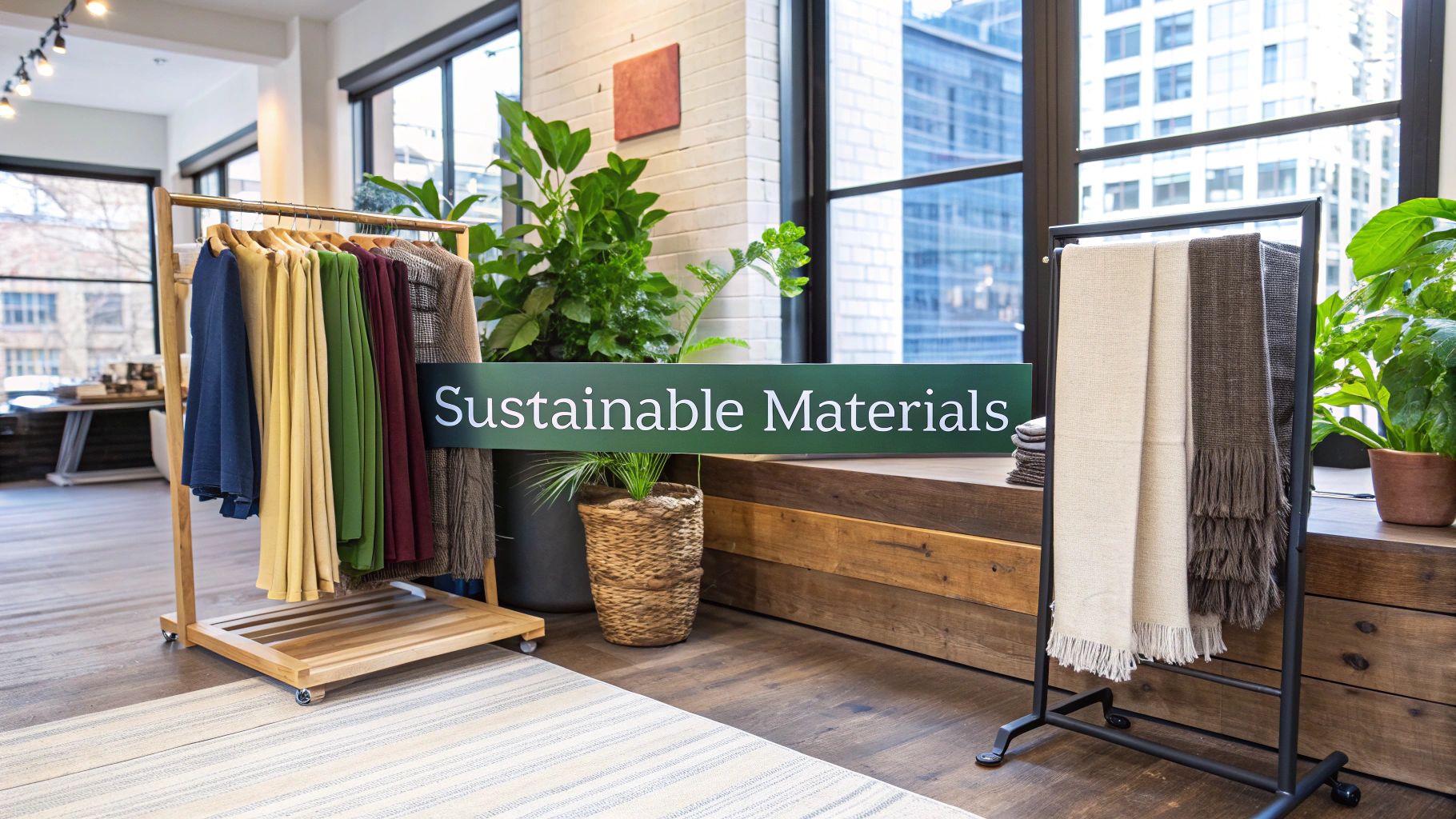 A retail store interior showcasing clothing on racks and a sign highlighting sustainable materials.
