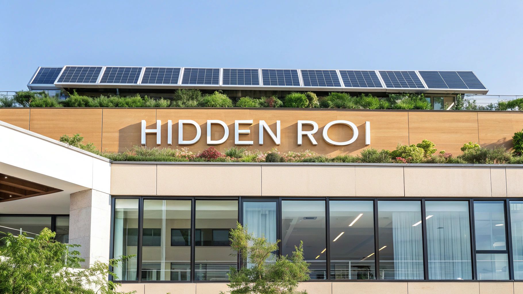 Modern commercial building with 'HIDDEN ROI' sign, solar panels on the roof, and lush green landscaping.