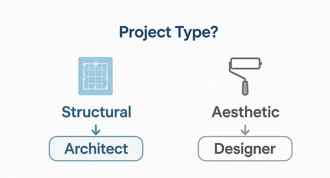 Infographic decision tree showing 'Structural' projects leading to an 'Architect' and 'Aesthetic' projects leading to a 'Designer'.