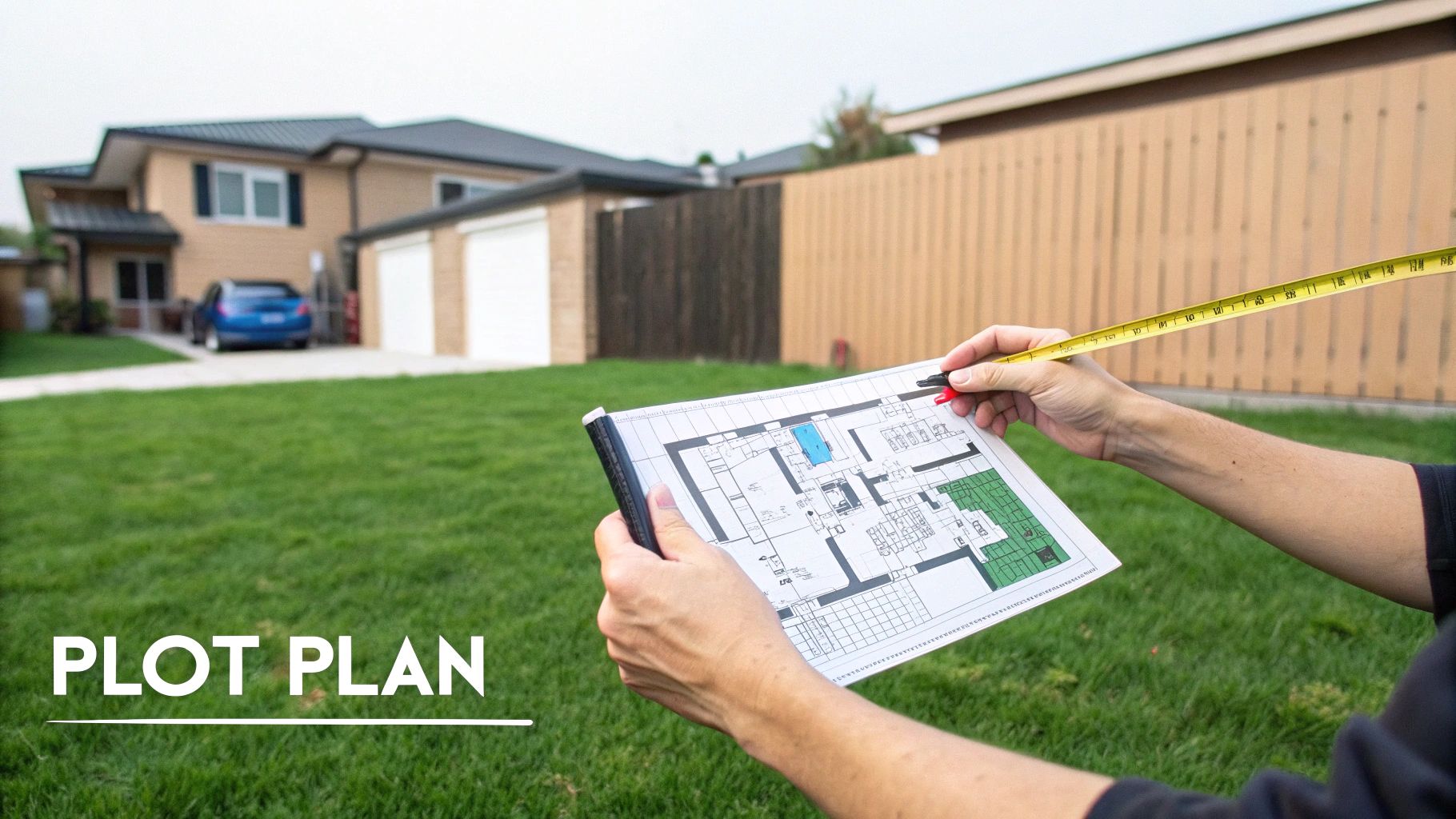 Person holding plot plan blueprint with measuring tape in front of residential property