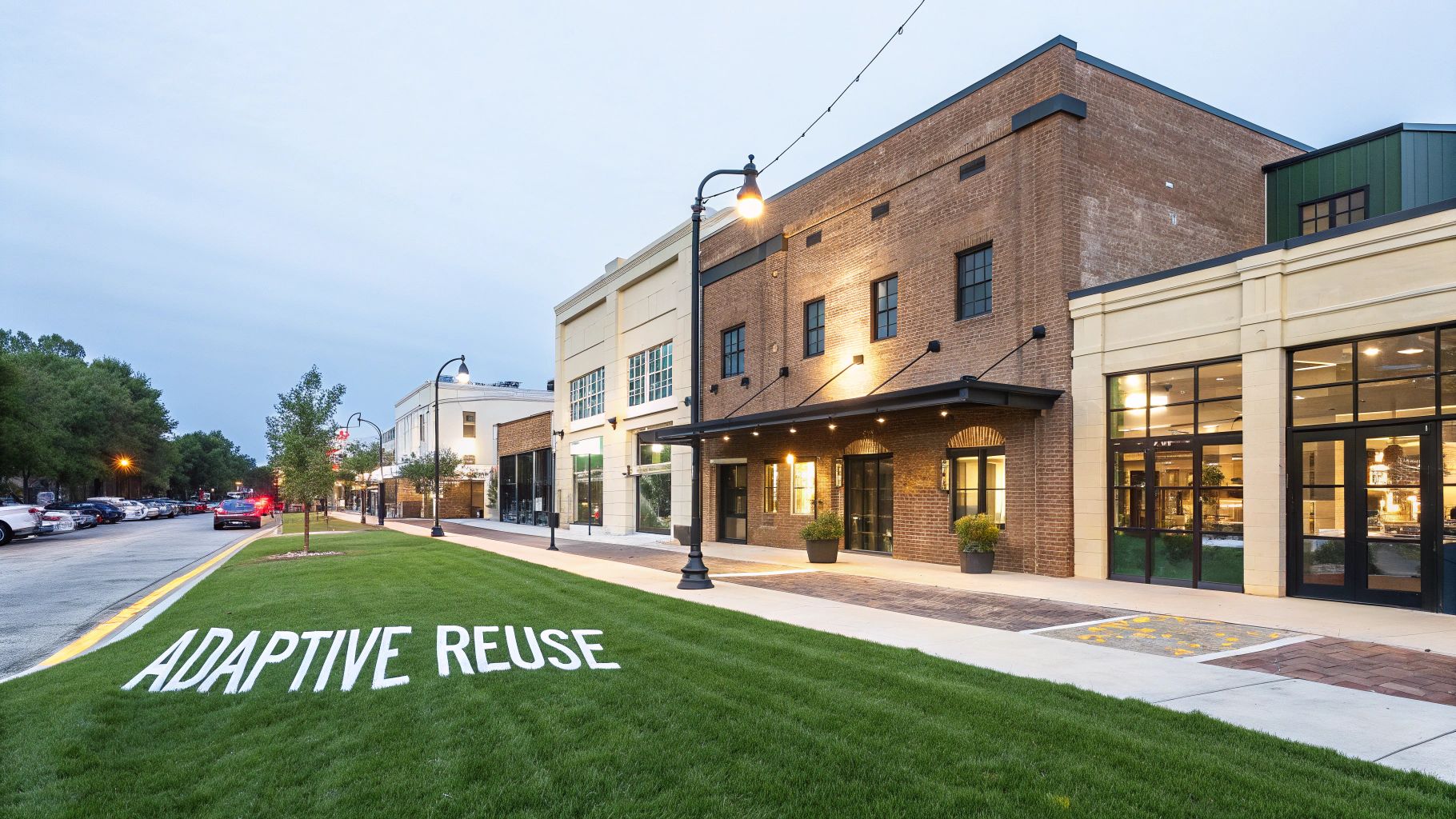 A row of revitalized brick and cream-colored buildings with 'ADAPTIVE REUSE' written on the grass.
