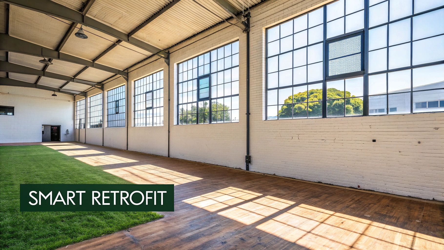 Spacious industrial interior with large grid windows, bright sunlight, and mixed turf and wood flooring.
