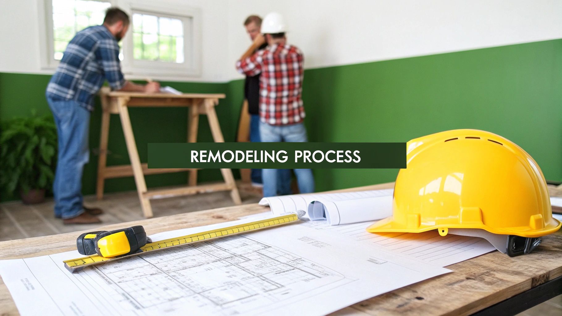 A construction team knocking down an interior wall to create an open-concept living space, illustrating a remodeling project.