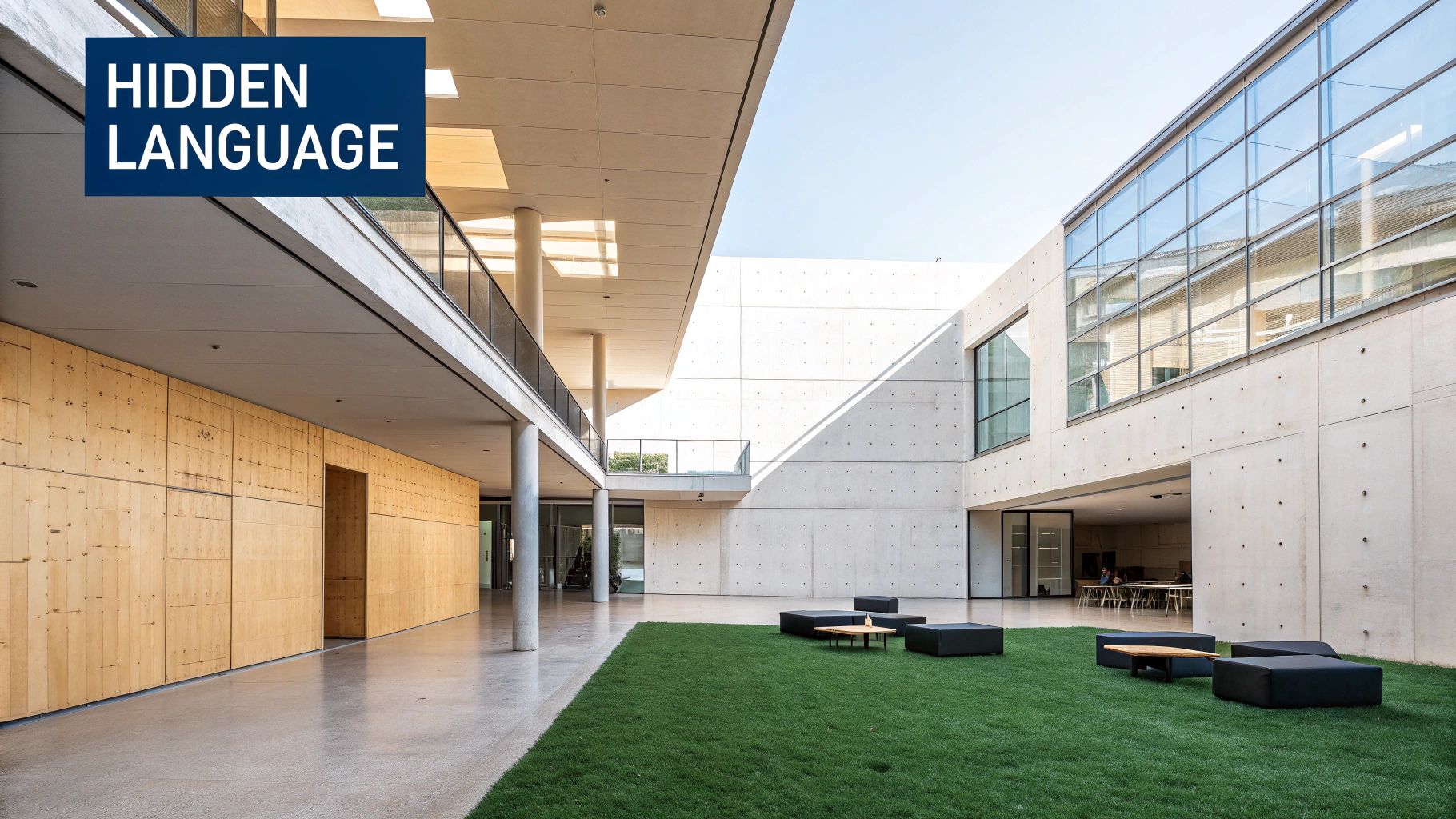 Modern architectural building with geometric patterns and sunlight casting shadows