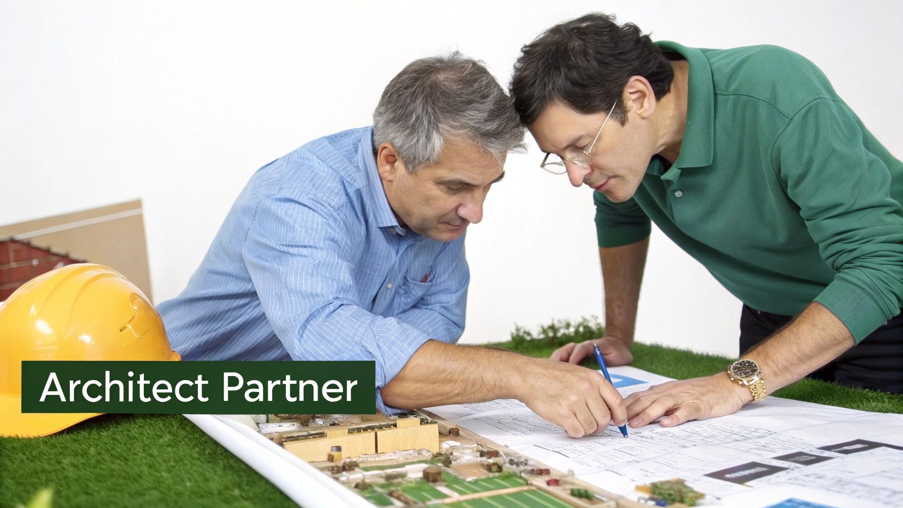 Two architects collaborate on blueprints and a building model, with a yellow hard hat nearby.