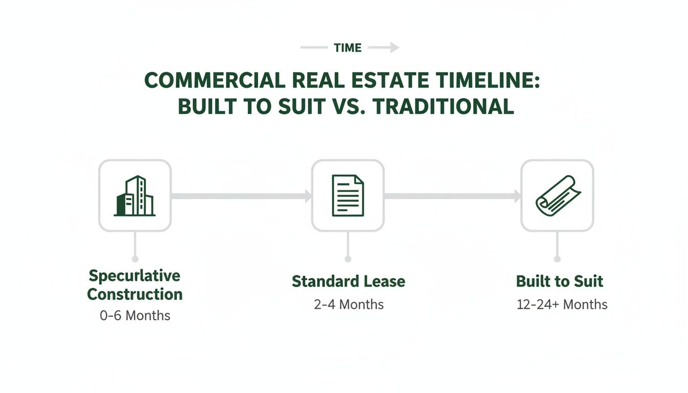 Timeline comparing commercial real estate options: speculative construction, standard lease, and built to suit, with their respective durations.