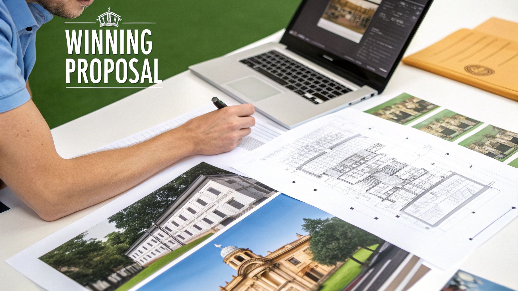 A person works on a winning architectural proposal, surrounded by blueprints, building photos, and a laptop.