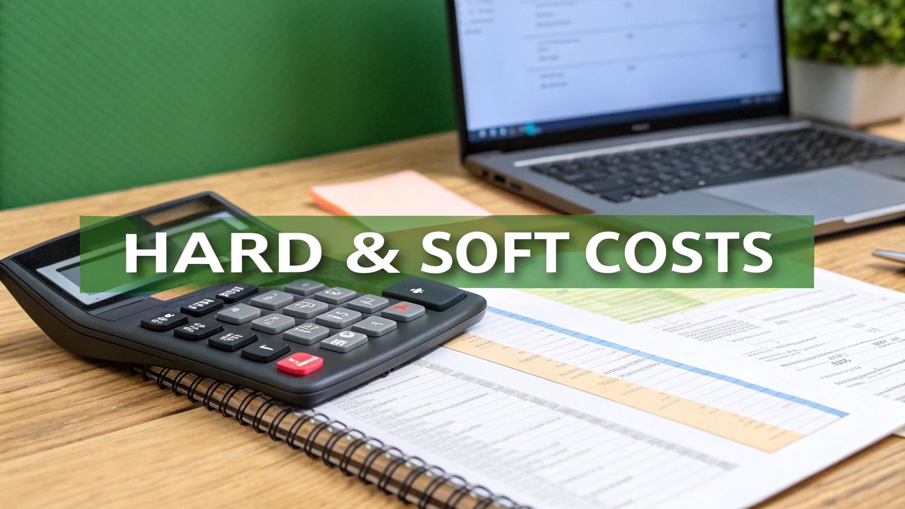 A calculator, financial documents, and a laptop on a desk with a banner stating 'HARD & SOFT COSTS'.
