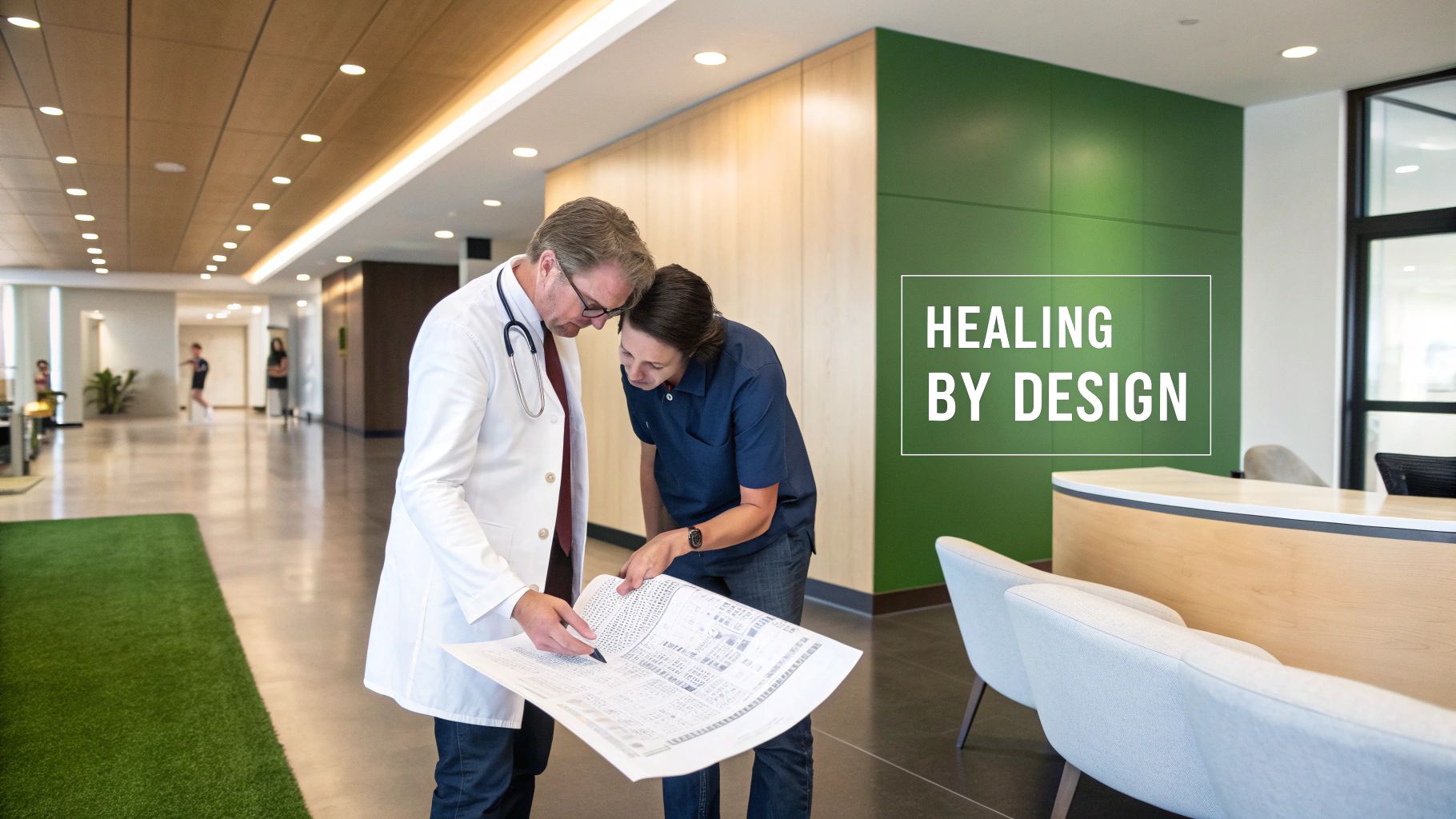 Doctor and designer reviewing blueprints in a modern hospital lobby, emphasizing healing through thoughtful design.