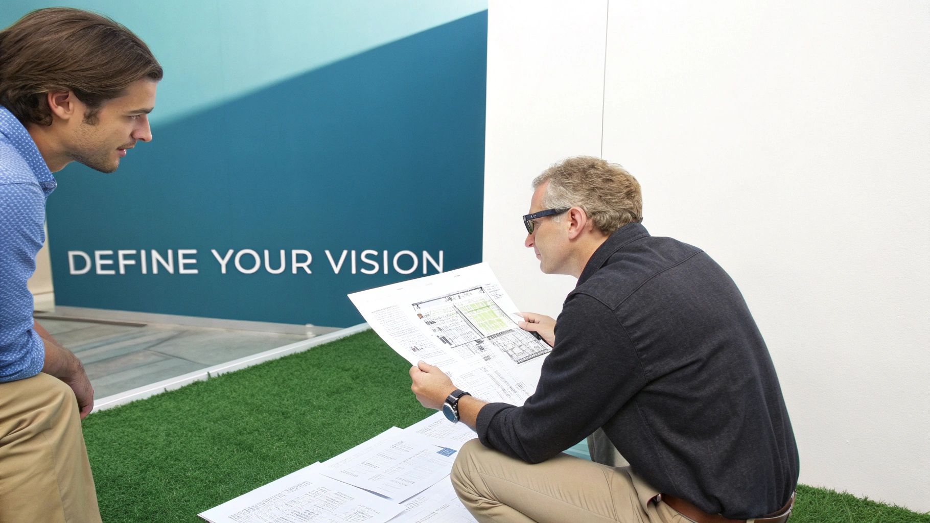 Architectural blueprints and material samples laid out on a table