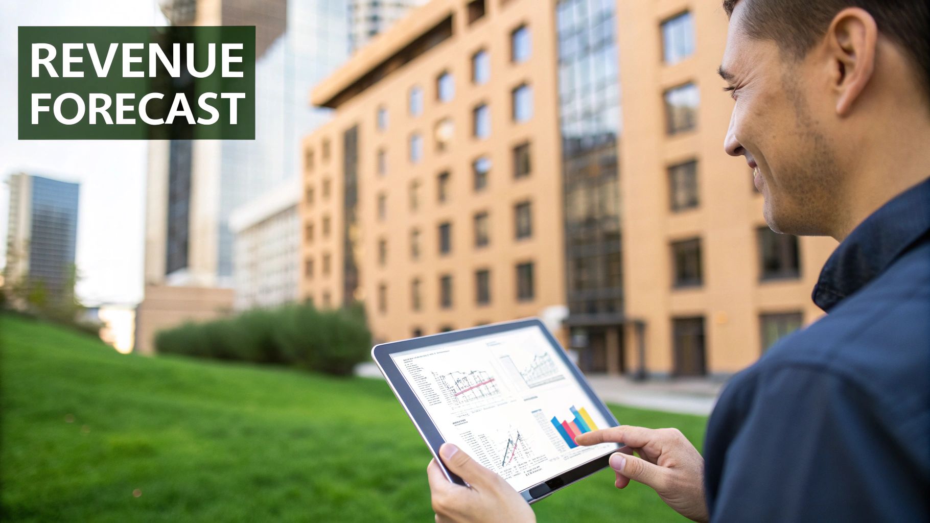 Man viewing a revenue forecast on a tablet with charts, outdoors near city buildings.
