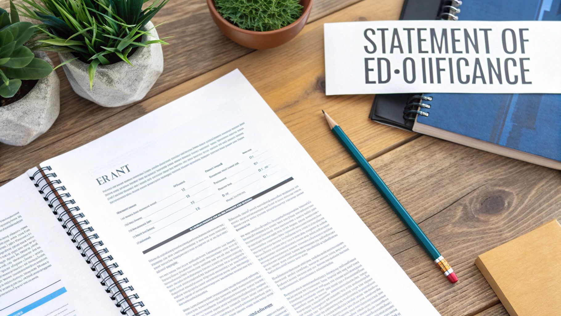 Statement of significance document for historic preservation grant application on wooden desk with plants