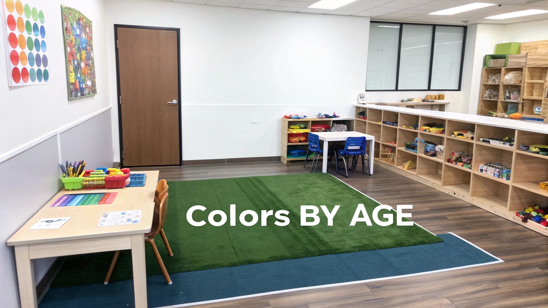 Bright children's classroom with small tables, art supplies, and extensive toy shelves.