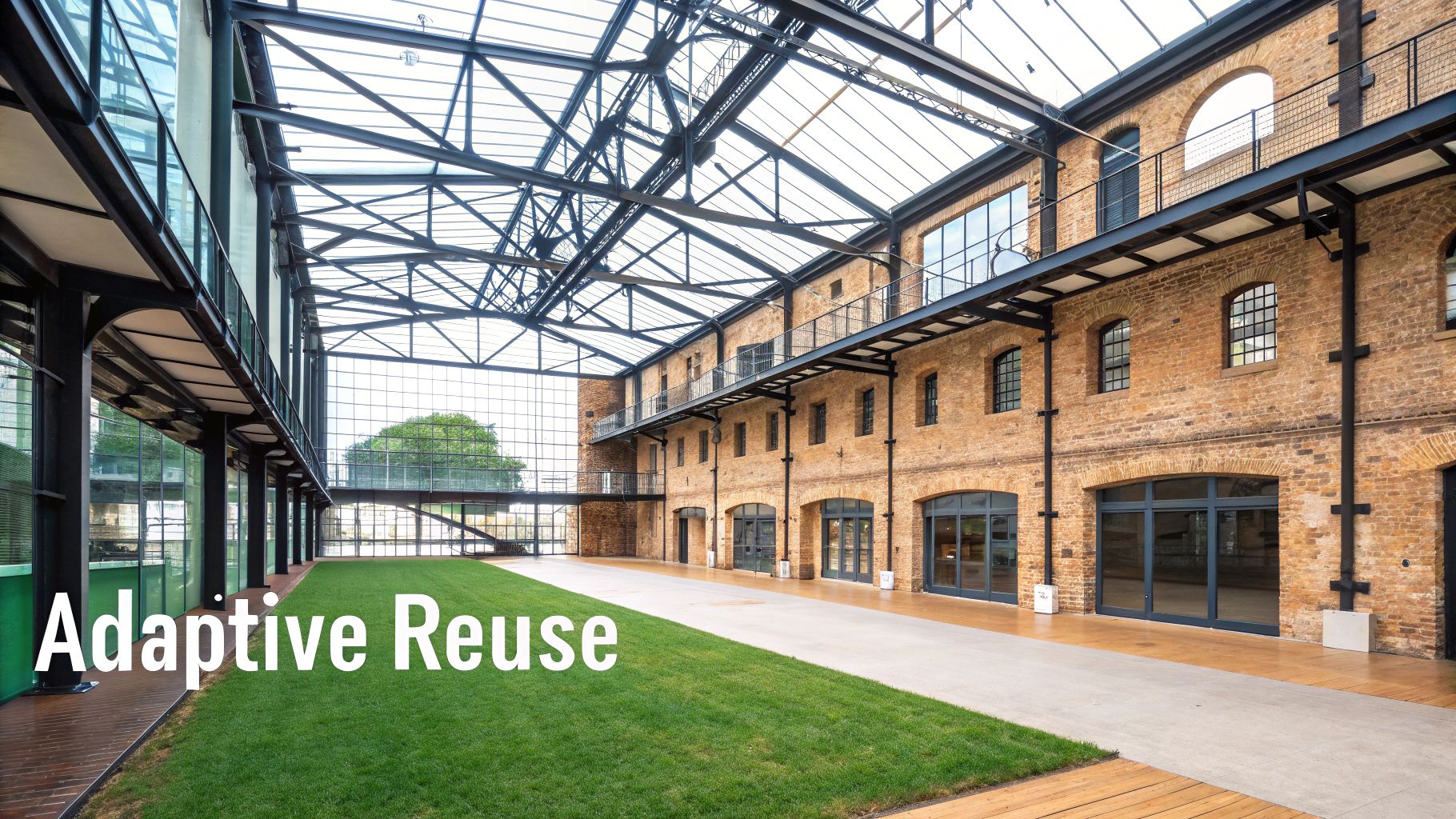 Grand hall showcasing adaptive reuse principles with a glass ceiling, brick walls, indoor lawn, and balconies.
