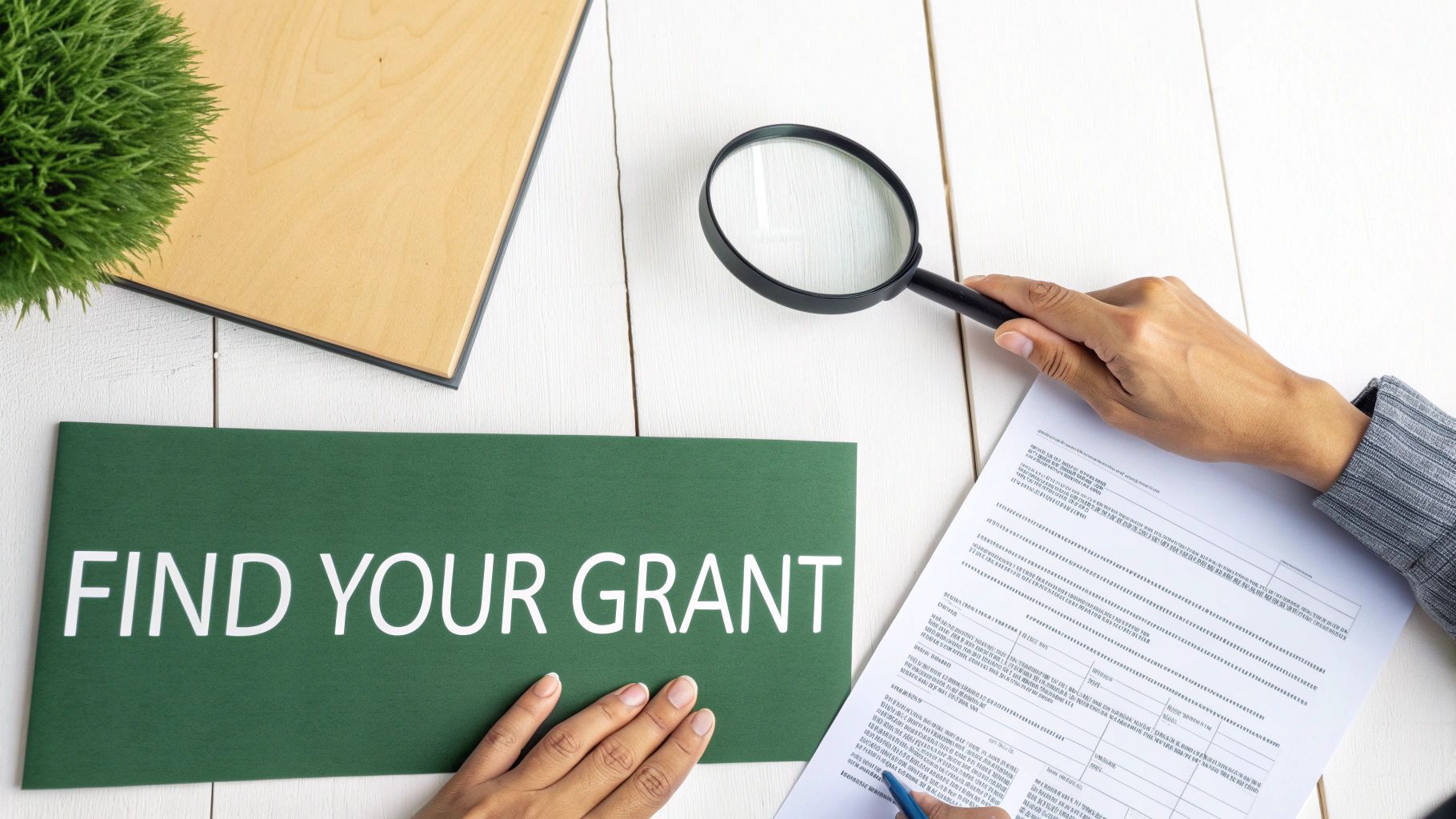 Person examining grant application documents with magnifying glass on white desk workspace