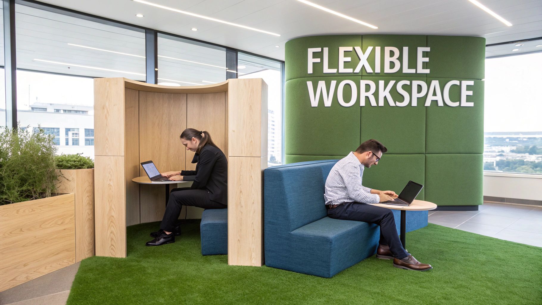 Modern flexible workspace with individual wooden pod and blue sofa seating with laptop users