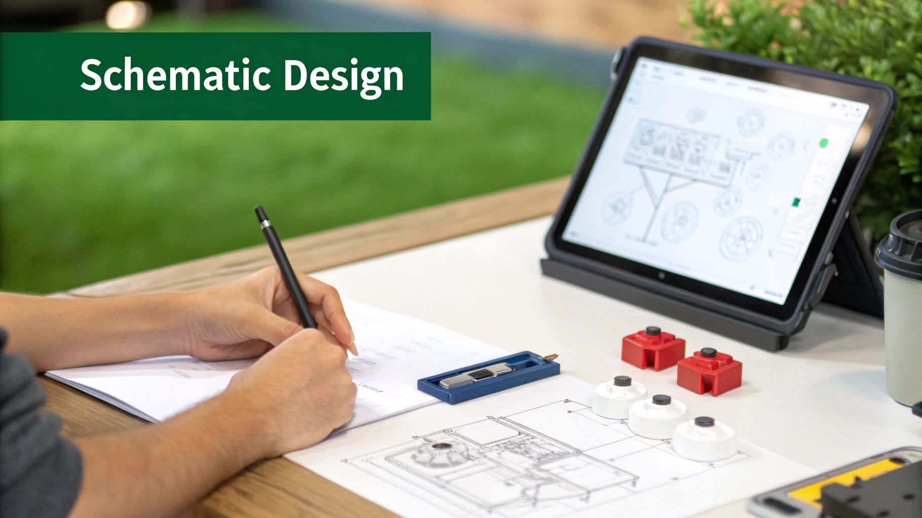Hands sketch designs on paper while a tablet displays detailed architectural schematics, surrounded by models and blueprints.