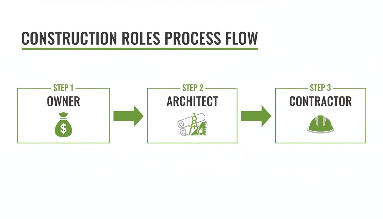 A process flow diagram illustrates construction roles: Owner (Step 1), Architect (Step 2), and Contractor (Step 3).