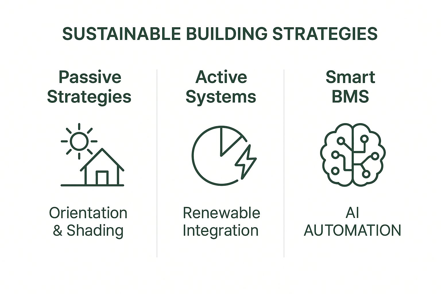 Infographic comparing Passive Strategies like Orientation & Shading, Active Systems like Renewable Integration, and Smart BMS with AI Automation.