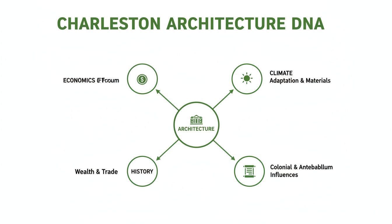 Diagram illustrating how Charleston architecture is shaped by economics, climate, history, and various influences.