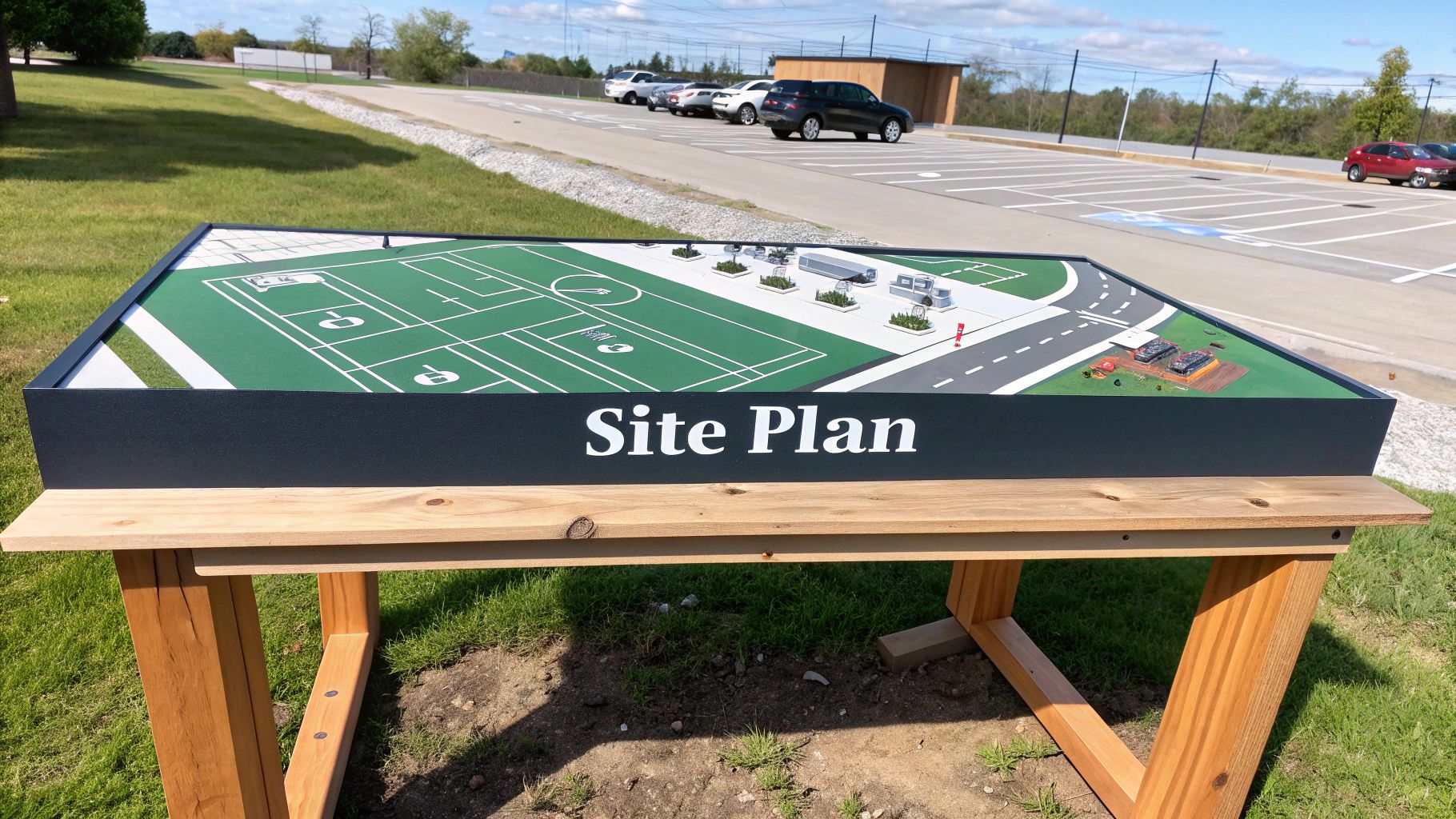Three-dimensional site plan model showing football field, parking area, and buildings on wooden display bench