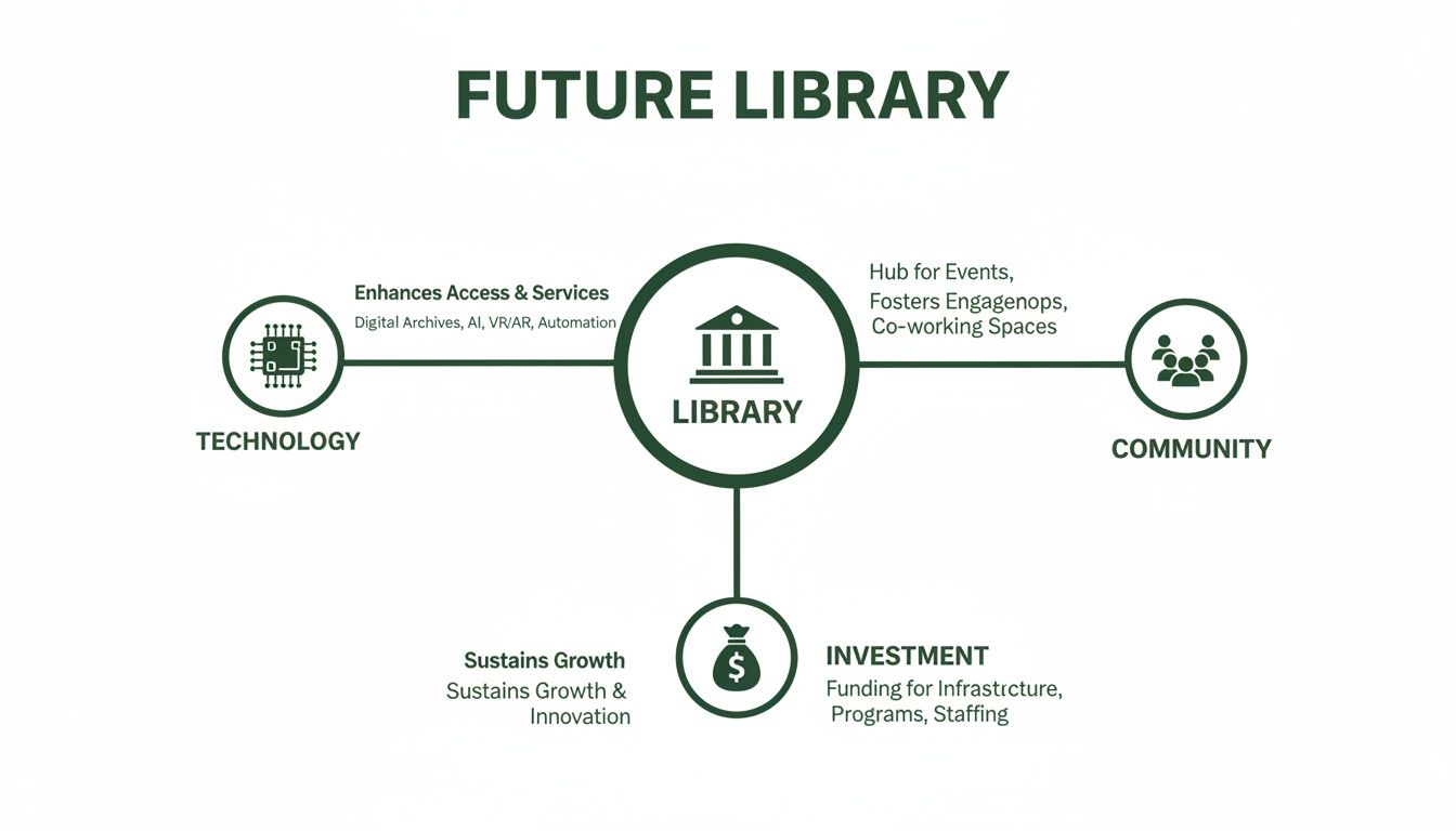 A diagram illustrates the future library supported by technology, community, and investment pillars.