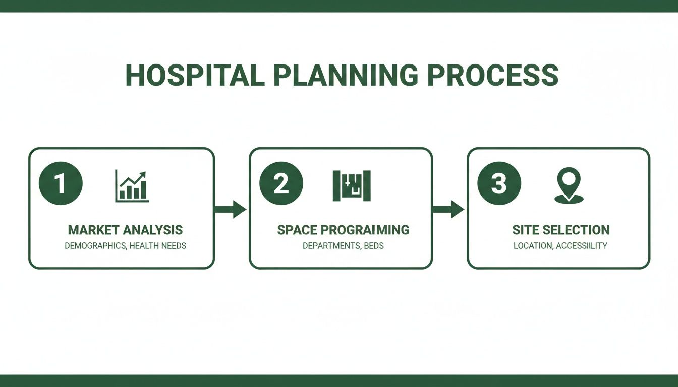 Infographic showing a three-step hospital planning process: market analysis, space programming, and site selection.