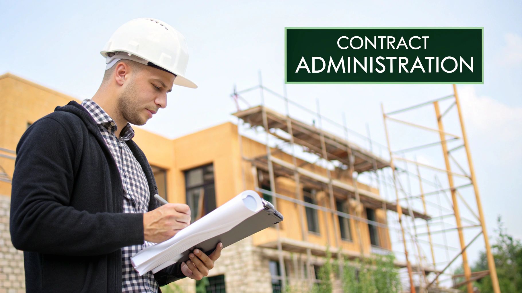 A construction worker in a hard hat writes on a clipboard at a building site with text overlay "Contract Administration".