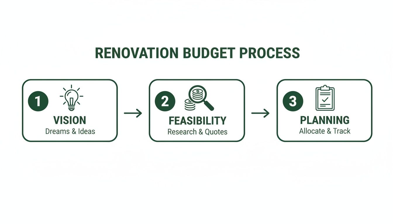 Diagram showing the three-step renovation budget process: Vision, Feasibility, and Planning.