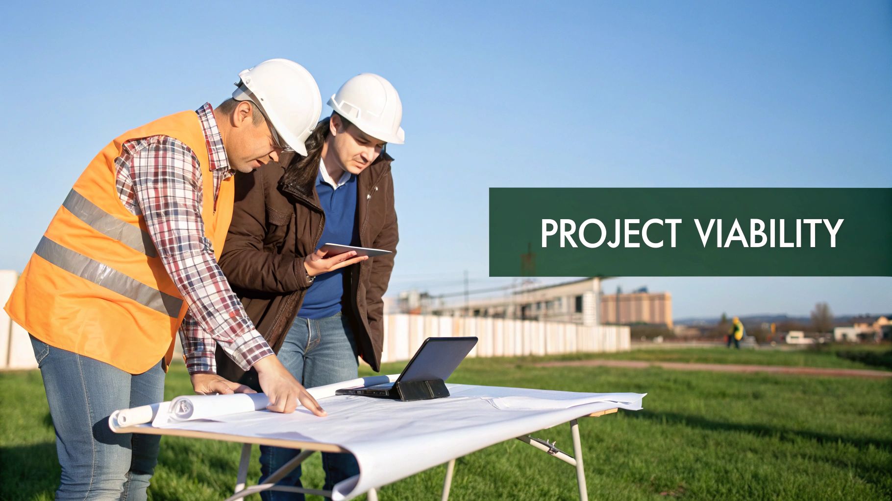 Two construction professionals in hard hats review blueprints and a tablet at a construction site.