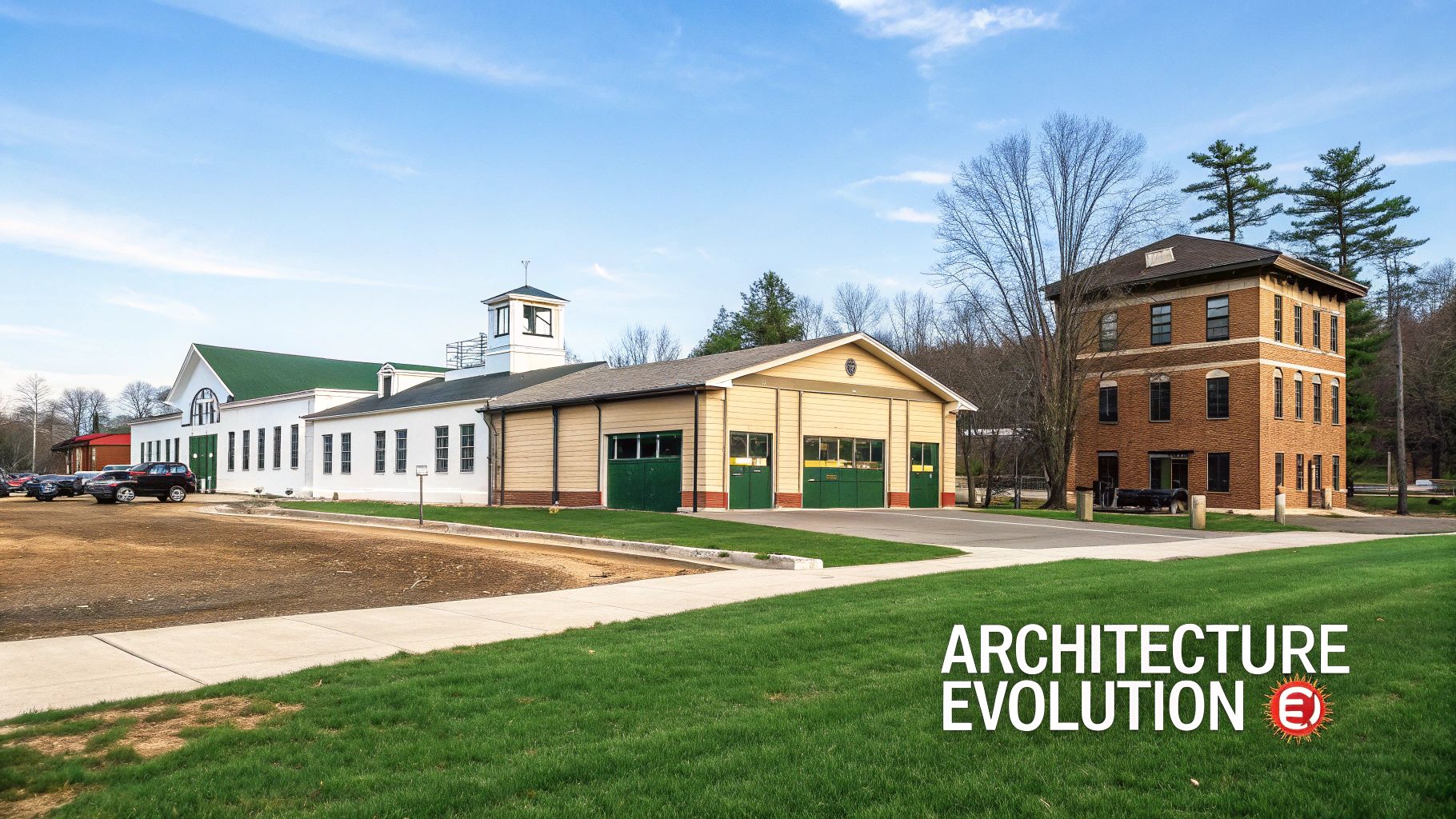 A complex of historic buildings, including a white fire station with a tower and a tall brick building, on a sunny day.