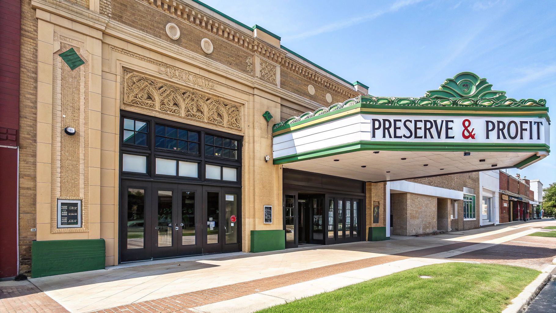 Grand old theater building with 'PRESERVE & PROFIT' marquee and intricate facade details.
