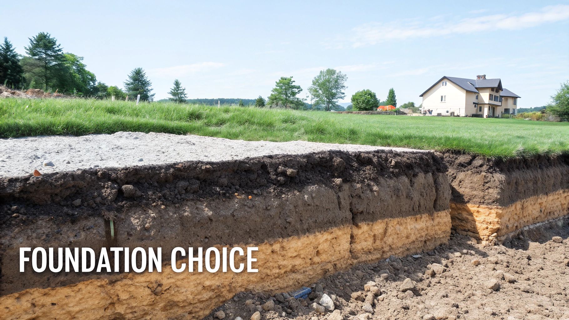 Excavated ground showing different soil layers with a grassy field and house in the background, illustrating foundation choice.