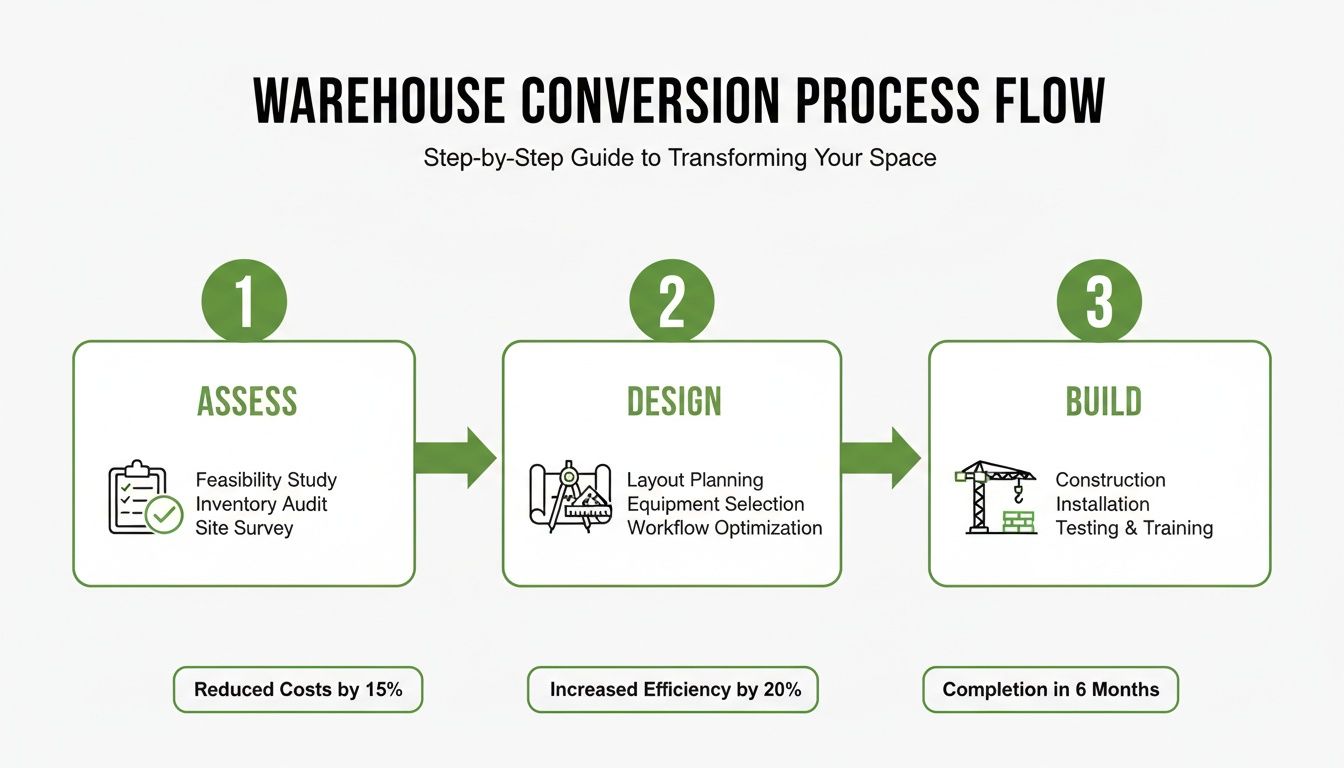 Warehouse conversion process flow diagram showing three steps: Assess, Design, and Build, with associated benefits.