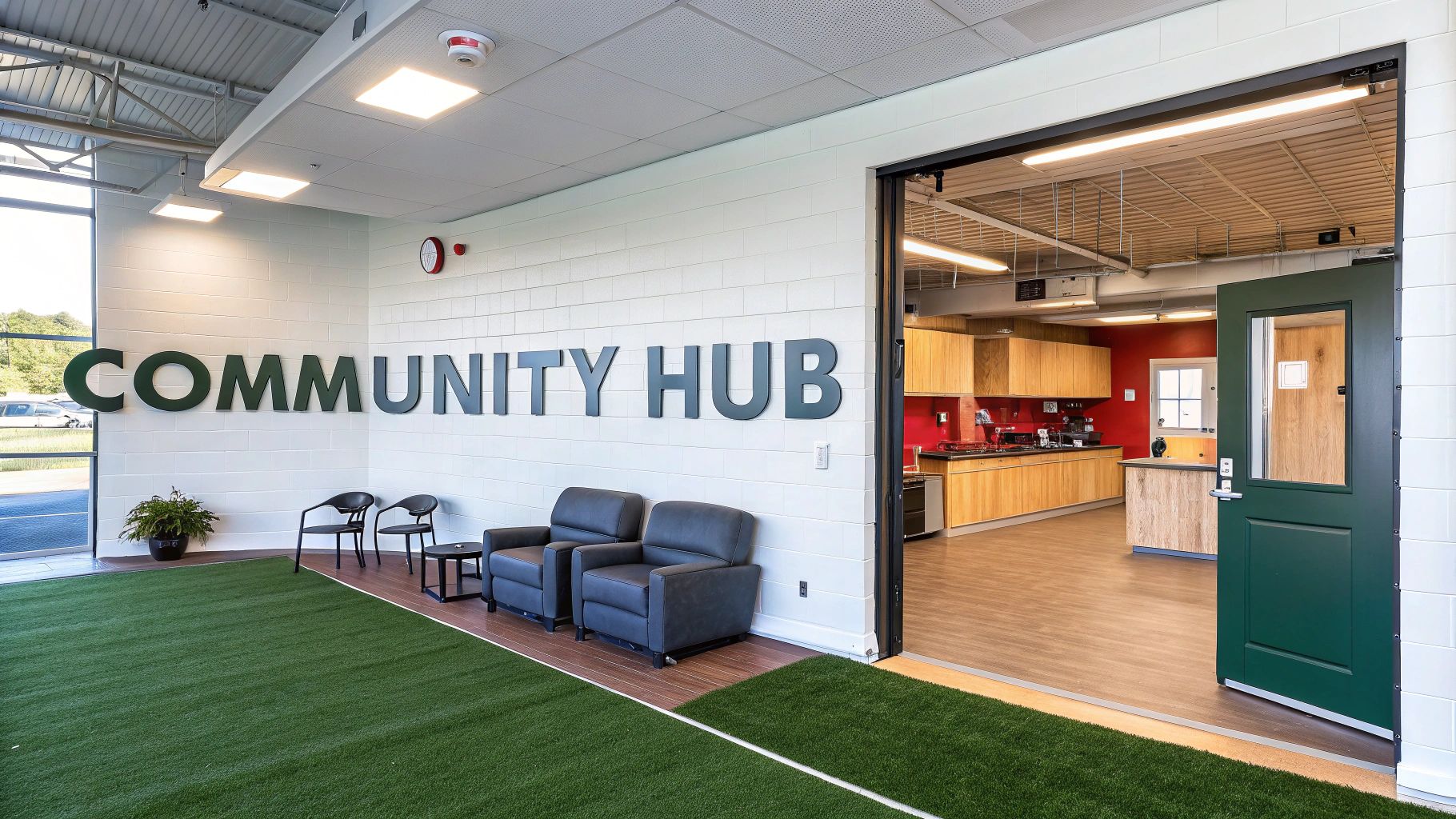 Welcoming interior of a modern community hub with seating, artificial turf, and an open kitchen area.