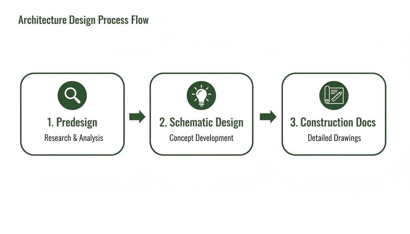 Flowchart illustrating the architecture design process in three stages: Predesign, Schematic Design, and Construction Documents.