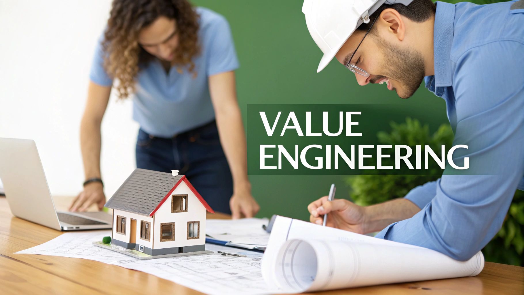 Two engineers collaborating on blueprints and a house model, discussing value engineering for construction projects.