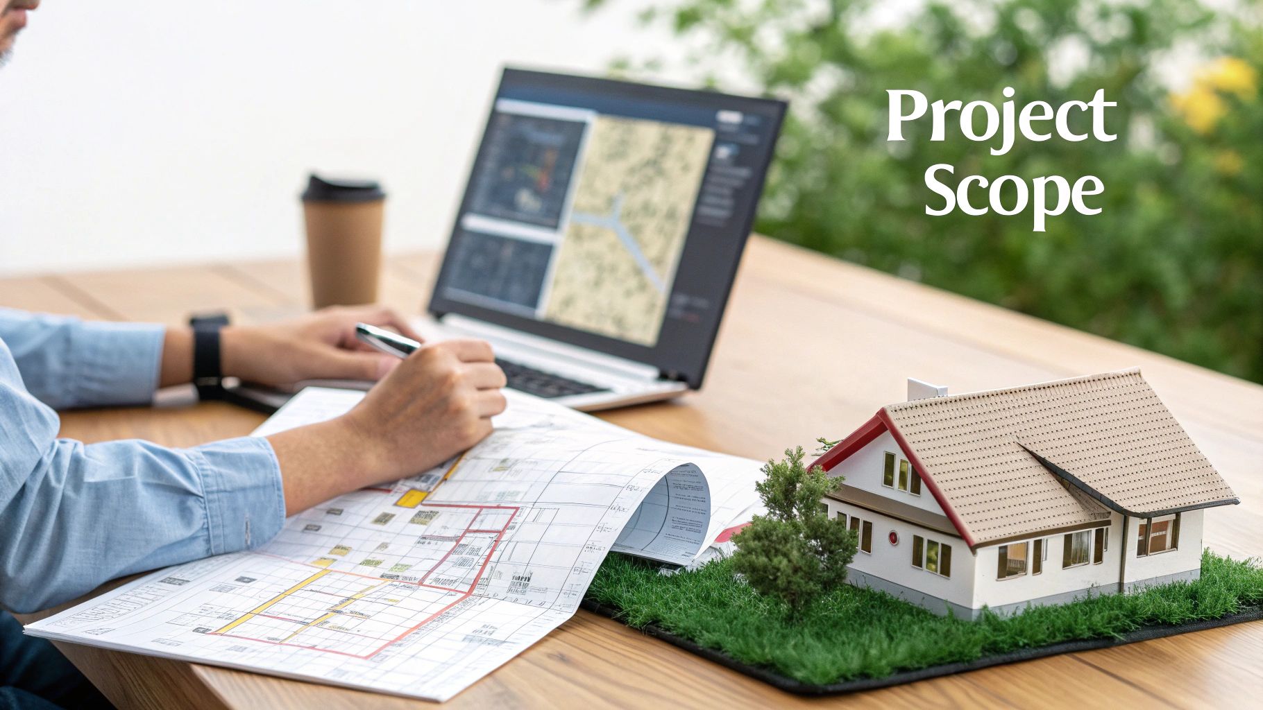 A person works on architectural blueprints and a laptop, with a house model and coffee cup on a table.