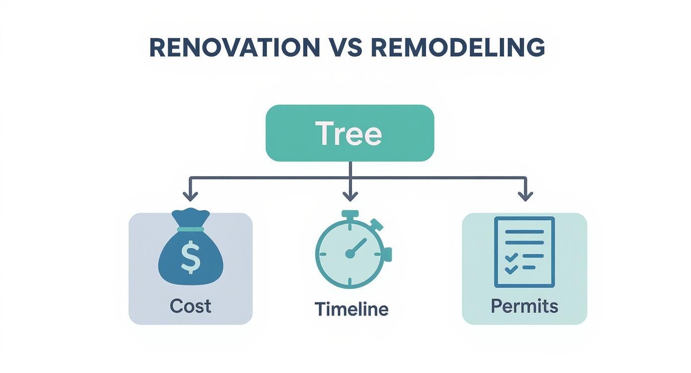 A diagram titled 'Renovation vs Remodeling' showing a 'Tree' node branching to cost, timeline, and permits.