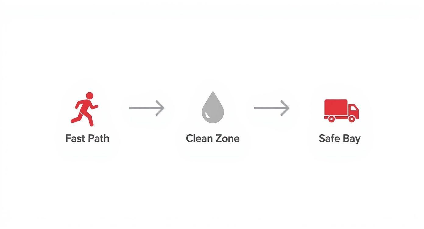 An infographic showing a three-step process: Fast Path (running person), Clean Zone (water drop), and Safe Bay (delivery truck).