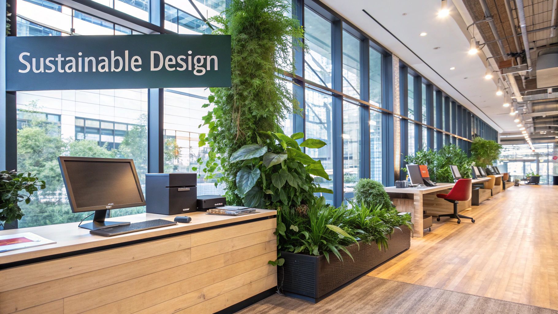 A bright, modern office interior with large windows and plants, demonstrating daylighting and biophilic design.