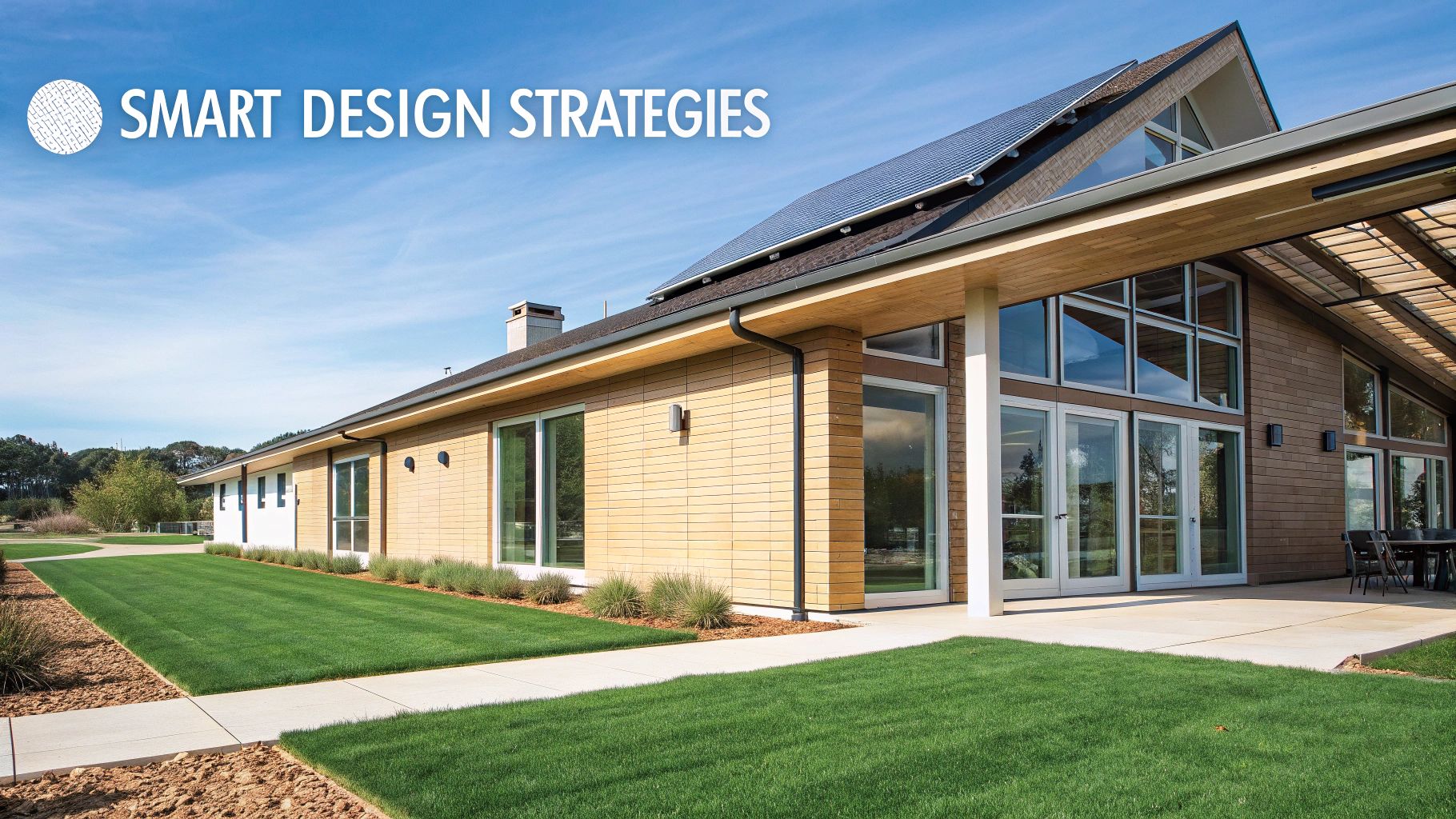Modern building with solar panels and wood facade, showcasing smart, sustainable design strategies.